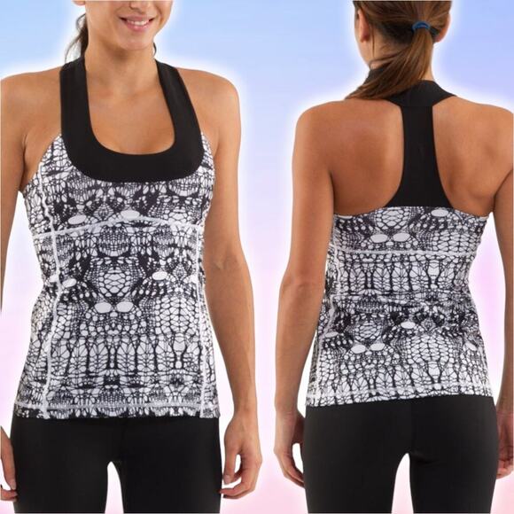 LULULEMON Scoop Neck Tank Sz 6 White Black Glacier Lace Black - Picture 1 of 9